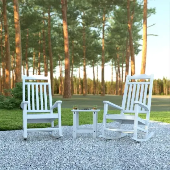 Emma and Oliver Set of 2 Indoor/Outdoor Poly Resin Rocking Chairs with Side Table image {1}