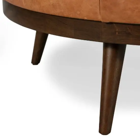 Poly & Bark Gio Italian Leather Ottoman Cognac Tan: Upholstered Padded Seat, Wood Frame, Oval Shape, 17" Height image {7}