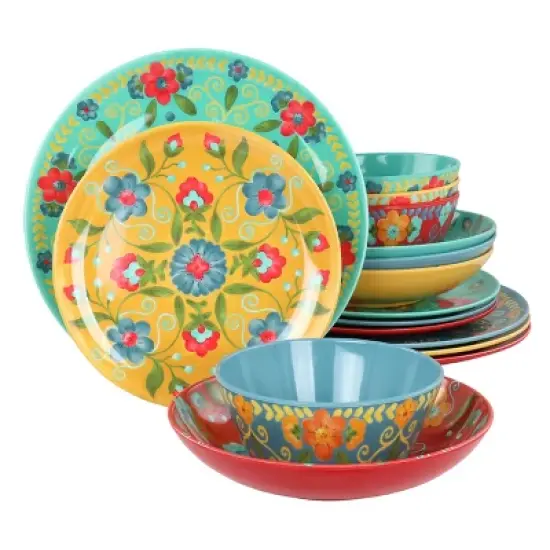 Laurie Gates California Designs Elena Amour 16 Piece Floral Round Melamine Dinnerware Set image {8}