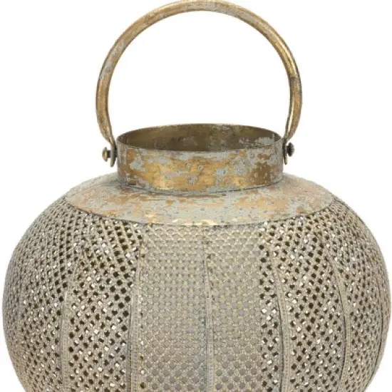 HomeRoots 9" Bronze And Green Distressed Lattice Metal Tabletop Lantern Candle Holder image {4}