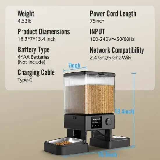 Oneisall PFD-002 PRO 5G WiFi Automatic Dog and Cat Feeder, 5L Automated Food Dispenser w/ App Control for 2 Cats image {8}