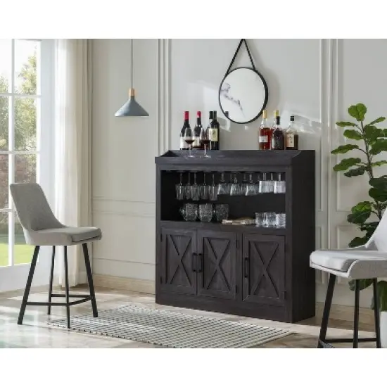 Home Source Bar Cabinet with Stem Glass Placement and Wooden Doors in Charcoal image {2}