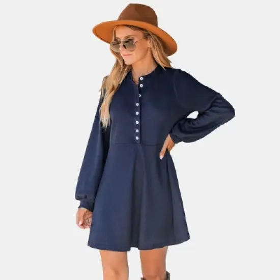 Women's Navy Blue Half-Placket Mini Dress - Cupshe image {7}