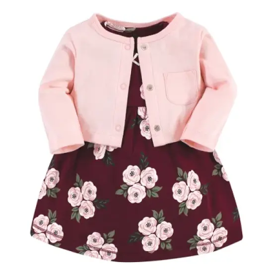 Hudson Baby Baby Girls Cotton Dress and Cardigan Set, Burgundy Floral image {9}