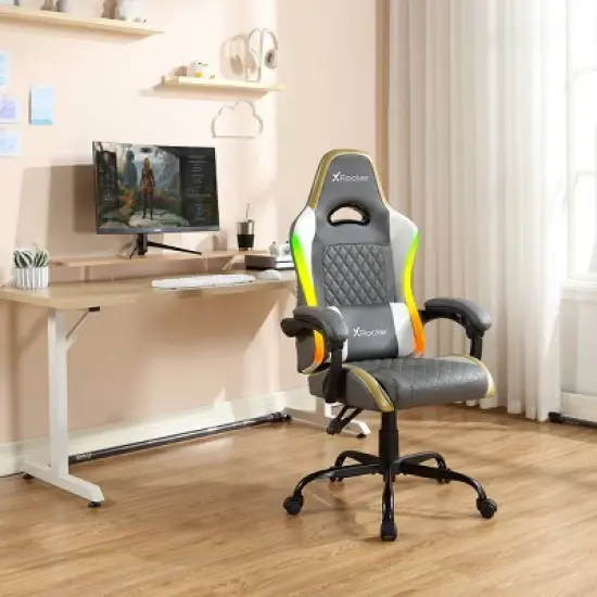 X Rocker RGB LED Extra Comfort Ergonomic PC Gaming Chair Gray/White/Gold image {7}