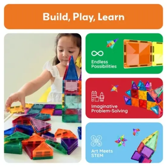 PICASSO-TILES Magnetic Tiles For Kids, 100PCS Construction STEM Building Blocks Educational Toy, Travel Size image {2}
