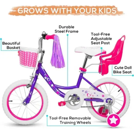 hykolity 14 inch Girls Bike Princess Bicycle for Age 3-5 Years Old Rider Height 36-47 inch includes Training Wheel Basket Doll Seat Violet Purple image {1}