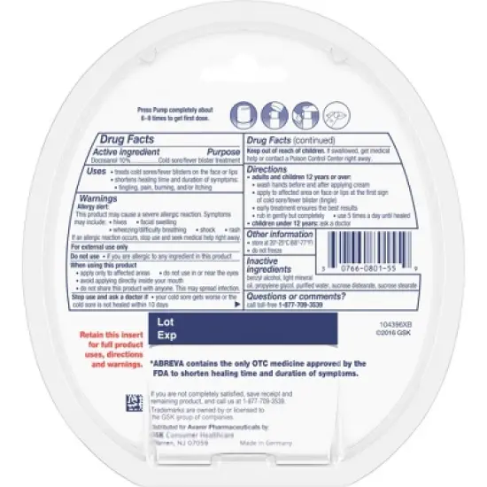 Abreva Docosanol 10% Cream Cold Sore/Fever Blister Treatment Pump - 0.07oz image {5}