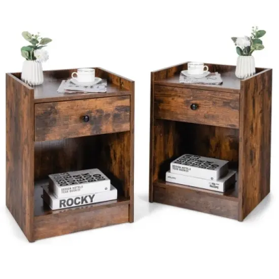 Costway Set of 2 Nightstand with Drawer Cabinet End Side Table Raised Top image {10}