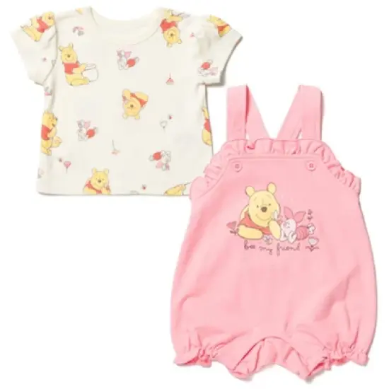 Disney Winnie the Pooh Minnie Mouse Piglet Baby Girls French Terry Short Overalls and T-Shirt Newborn to Infant image {8}