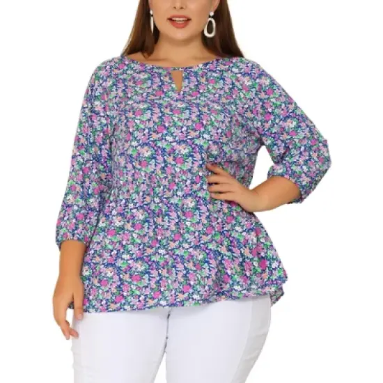Agnes Orinda Women's Plus Size Keyhole Babydoll Lantern Floral Blouses image {6}