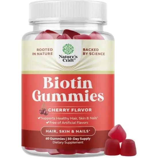 Biotin Gummies, Biotin Vitamins for Hair, Skin & Nails Gummies for Women and Men, Cherry Flavor, Nature's Craft, 60ct image {7}