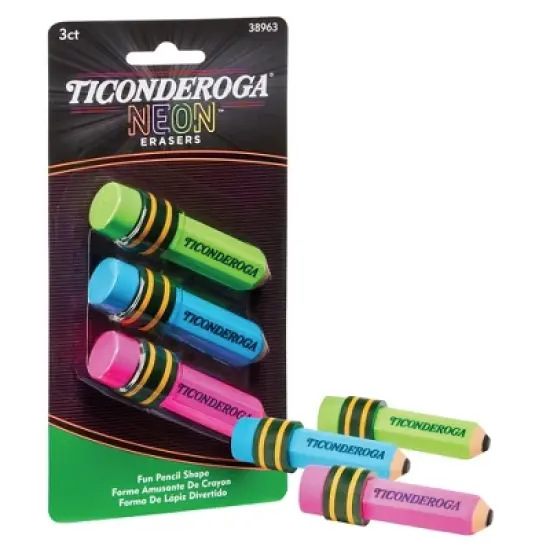 Ticonderoga&reg; Pencil Shaped Neon Erasers, 3 Per Pack, 6 Packs image {1}