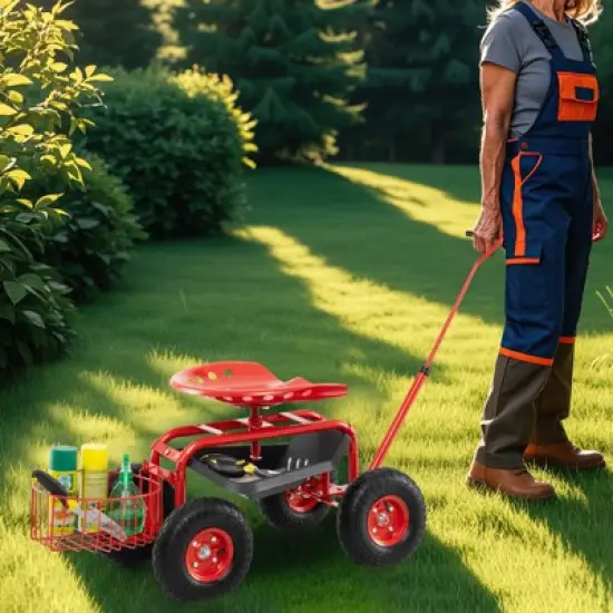 Tangkula Rolling Garden Cart Scooter w/ Adjustable Seat Storage Basket Tray Red image {2}