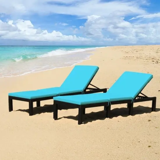 Tangkula 2PCS Adjustable Rattan Patio Chaise Lounge Chair Couch w/ Turquoise Cushion image {10}