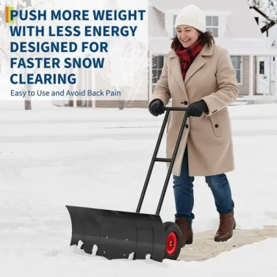 GustoWave 30" Heavy-Duty Steel Wheeled Snow Pusher - Adjustable Handle & Angled Blade with Non-Slip Wheels, Black Snow Shovel image {5}