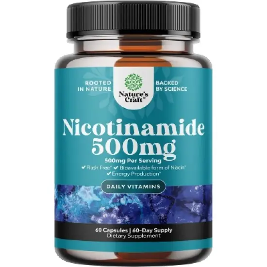 Vitamin B3 Nicotinamide 500mg Capsules, Mitochondrial Energy & Potent Skin Supplement, Flush Free Niacin Supplement, Nature's Craft, 60ct image {4}