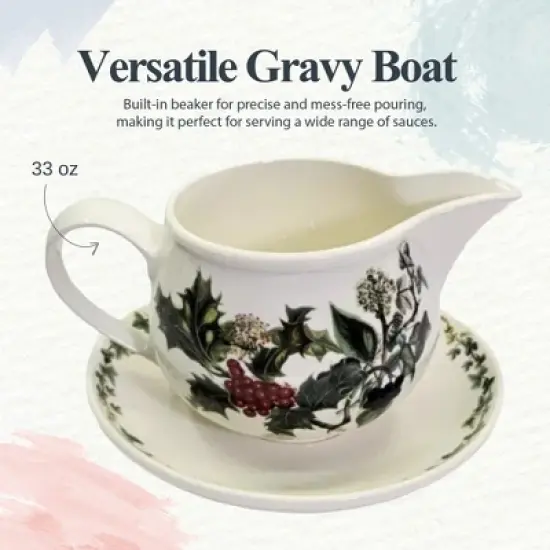 Portmeirion The Holly and The Ivy Gravy Boat & Stand - 33 Oz. Capacity, Elegant Earthenware Holiday Pitcher with Holly D&eacute;cor, Dishwasher Safe image {4}