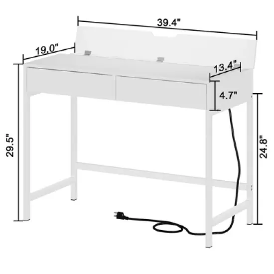 Kumasinova 40" Charging Gaming Desk with 2 Outlets&2 USB Ports,Computer Desk with 2 Drawer,Standing Desk for Office,Bedroom,White image {2}