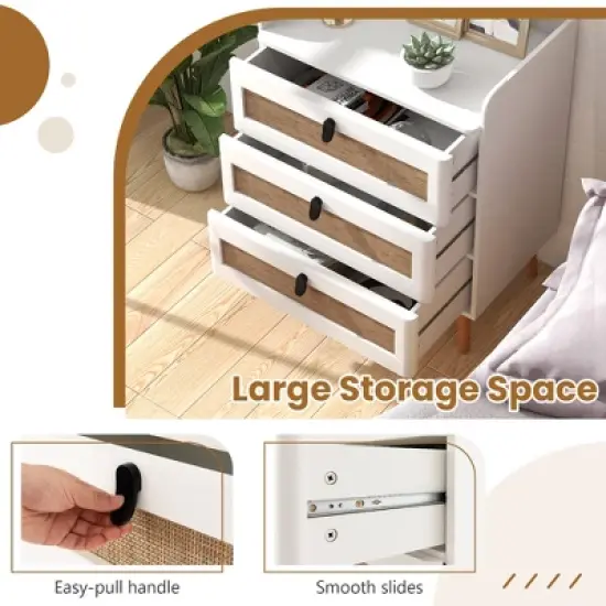 Tangkula Modern Nightstand End Bedside Table w/ 3 Rattan Drawers & Solid Wood Legs White image {4}