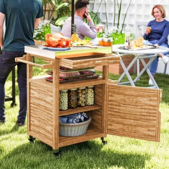 Outsunny Outdoor Grill Cart with Wheels and Storage Cabinet, Solid Wood Outdoor Kitchen Island with Stainless Steel Top, Drawer, Side Handle, Brown image {2}