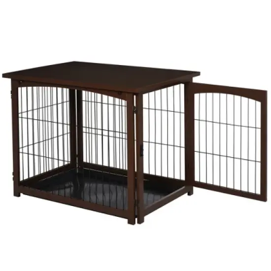 PawHut Wooden Decorative Dog Cage Pet Crate with Fence Side Table Small Animal House and Tabletop, Brown image {3}