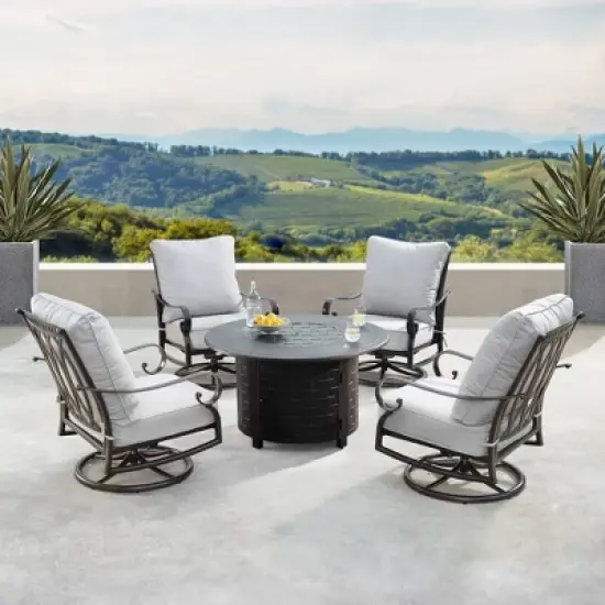 5pc Set with 44" Outdoor Round Aluminum Fire Table & 4 Deep Seating Swivel Rocking Chairs & Wind Blocker Lid - Oakland Living image {1}