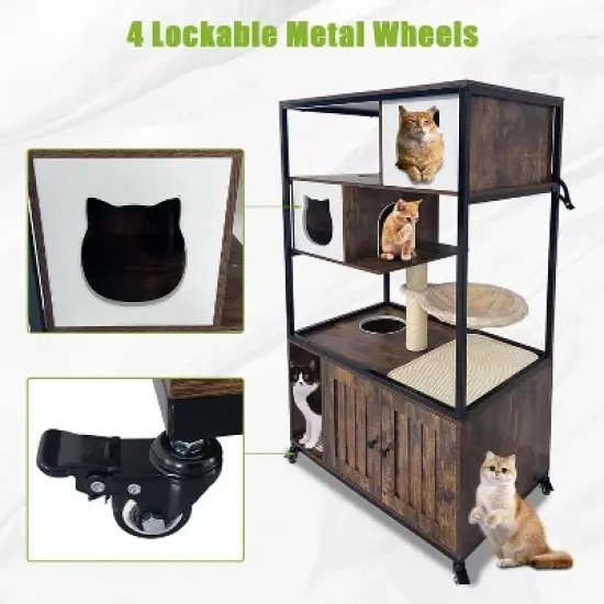 Acekool Cat Tree with Litter Box Enclosure, 57.5''H Cat Tower Cabinet on Wheels, Hidden Litter Corner, Condo, Hammock & Scratching Post, Retro Brown image {2}