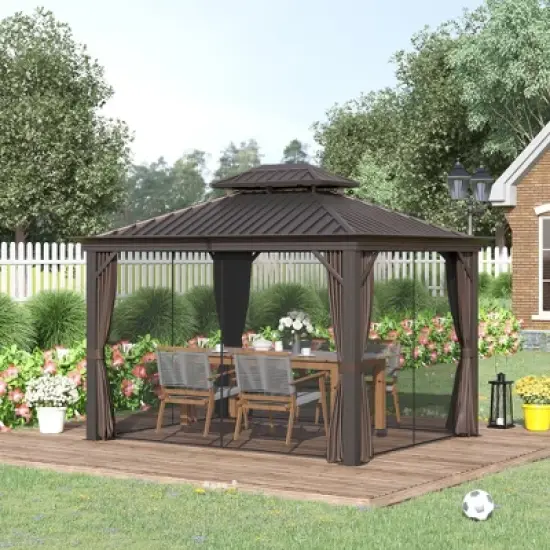 Outsunny Patio Gazebo 12' x 10', Netting & Curtains, Double Vented Steel Roof, Permanent Hardtop, Ceiling Hooks, Rust Proof Aluminum Frame, Dark Brown image {1}