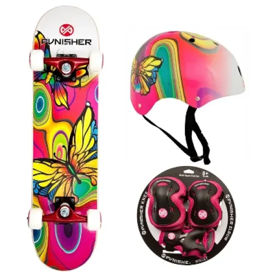 Punisher Butterfly Jive Skateboard, Helmet & Pad Set Bundle - Canadian Maple Skateboard, Durable Protective Gear image {1}