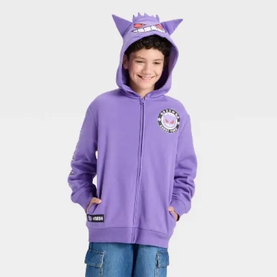 Boys' Pokemon Gengar Hooded Character Full Zip Fleece Sweatshirt - Purple image {4}