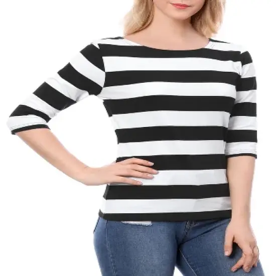 Allegra K Women's Elbow Sleeves Casual Basic Boat Neck Slim Fit T-Shirts image {12}