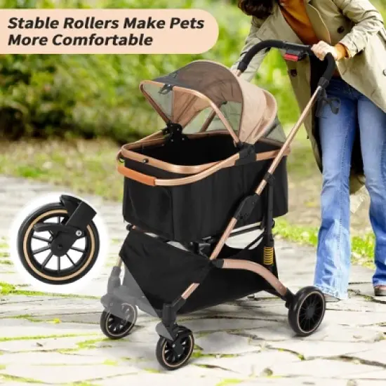 Sandinrayli 3-in-1 Foldable Pet Stroller for Dogs and Cats with Detachable Carrier, 6 Shock Absorbers, Rose Gold image {5}