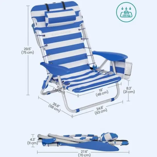 Heavy-Duty Portable Folding Chair with Adjustable Backrest, Headrest, Armrest, 2 Side Pockets, 331 lb Capacity, Carry as Backpack image {5}