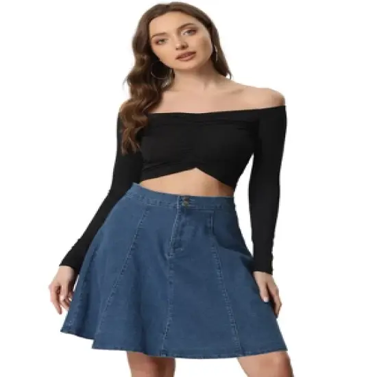 Allegra K Women's High Waist A-Line Flared Pleated Casual Midi Denim Skirt image {8}