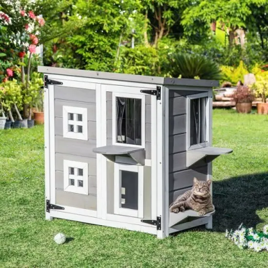 PawHut 2-Tier Cat House, Outdoor Feral Cat Shelter, with Weather Resistant Roof, Escape Door, PVC Curtain, Glass Window image {2}