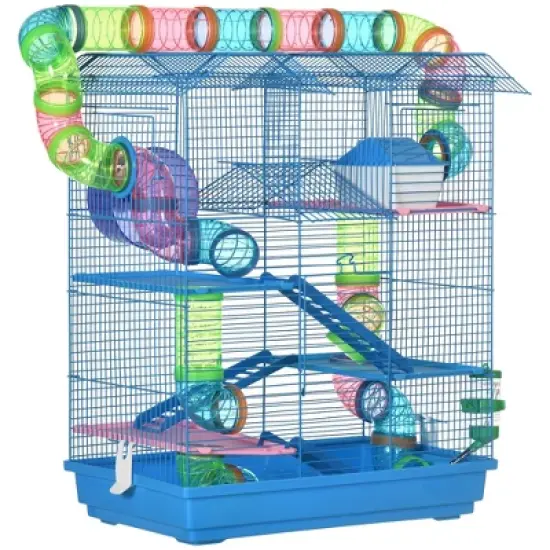 Gulches 18" 5 - Tier Hamster Cage with Tubes, Tunnels, Water Bottle, Food Dish, Exercise Wheel - Blue, Ideal for Gerbils Too image {7}