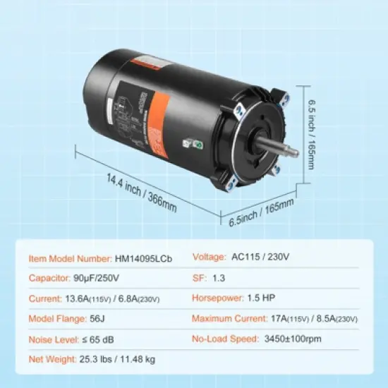VEVOR 1.5 HP Pool Pump Motor, 56J Frame, 115V(13.6 Amps)/230V(6.8 Amps) 3450 RPM, 60Hz, 1.3 Service Factor, 90&mu;F/250V Capacitor image {7}