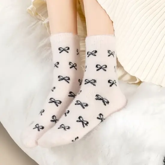 Anna-Kaci Women's 3-Pack Fuzzy Crew Socks with Allover Bow Pattern Soft Cozy Knit Winter Sock Set image {1}