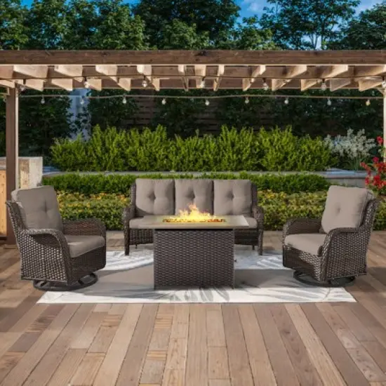 4PCS Patio Furniture Set with Fire Pit Table, Brown Wicker Outdoor Fire Pit Set with Patio Sofa, Swivel Glider Chair and Rectangular Propane Fire Pit image {14}