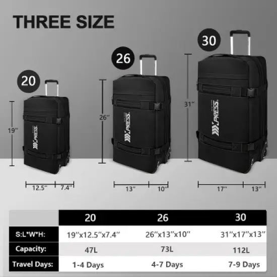 New York Xpress Soft Roller Luggage Set, Wheeled Travel Duffel Luggage, 20" 26" 30" 3PC image {10}