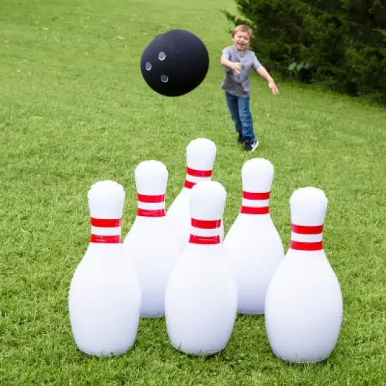 HearthSong Giant Indoor/Outdoor Inflatable Bowling Game for Kids' with Six 29"H Pins and 20" diam. Ball image {1}