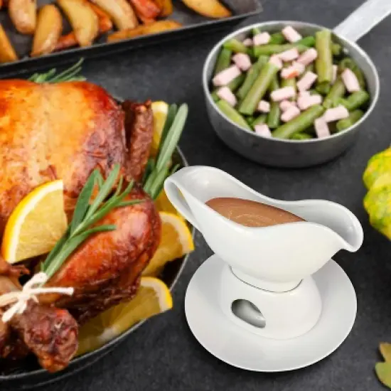 KOVOT 12 Ounce Gravy Boat, Warming Stand & Tray | Ceramic White Gravy Dish With Tealight Warming Option image {4}