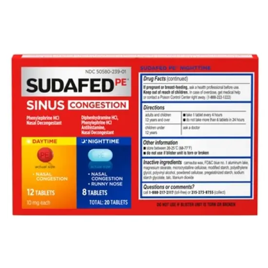 Sudafed PE Day + Night Maximum Strength Sinus Decongestant Tablets - 20ct image {3}