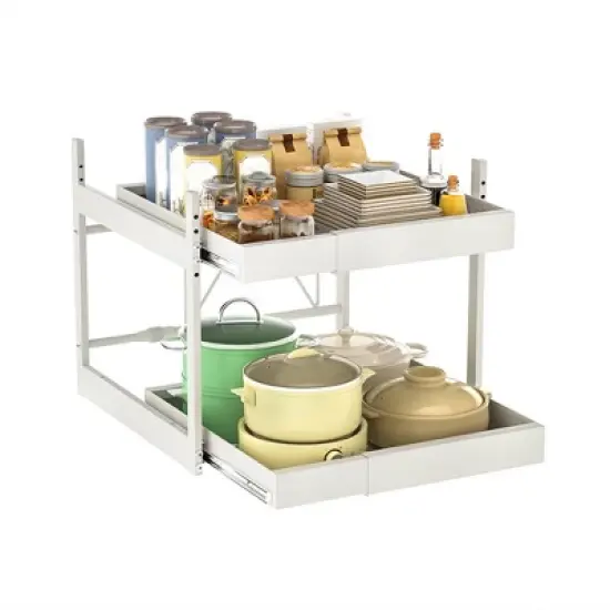 Extendable Cabinet Organizer with 2 Tiers, (31.5~56.5cm Wide x 42-67cm Deep x 40.5cm High), Extendable Drawer Organizer Storage Telescopic Drawer image {5}
