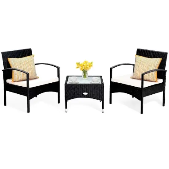Costway 3 PCS Furniture Set Table & 2 Chair Patio Wicker Rattan W/Cushion image {1}