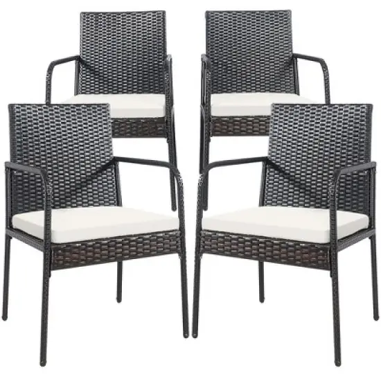 Costway 4PCS Patio Wicker Rattan Dining Chairs Cushioned Seats Armrest Garden image {9}