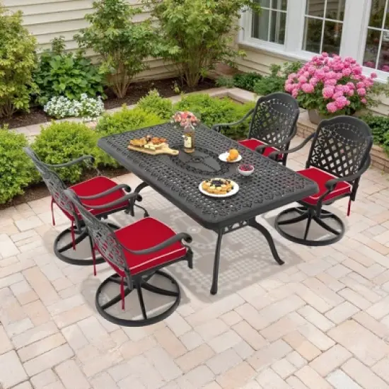 5-Piece Outdoor Dining Set, Cast Aluminum Rectangle Table with Swivel Chairs, Red Cushions, Umbrella Hole image {1}