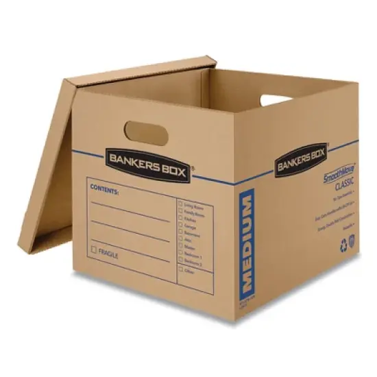 Bankers Box SmoothMove Classic Moving/Storage Boxes, Half Slotted Container (HSC), Medium, 15" x 18" x 14", Brown/Blue, 8/Carton image {1}