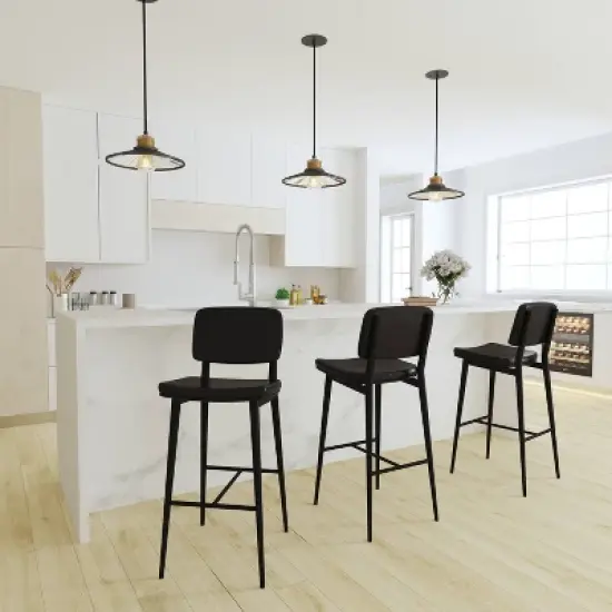 Set of 2 Faux Leather Contemporary Black Metal Frame Barstools with Integrated Footrest - Merrick Lane image {3}